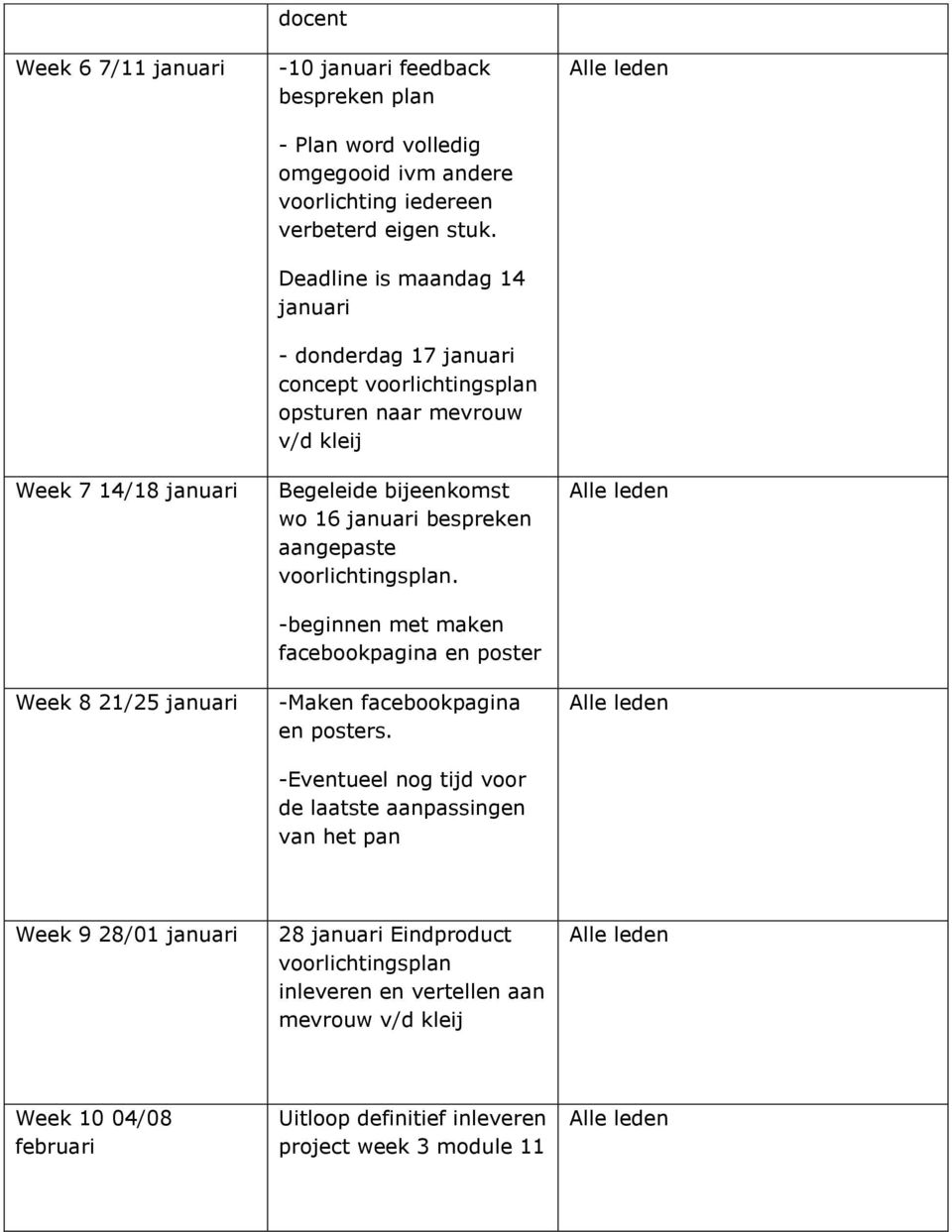 Deadline is maandag 14 januari - donderdag 17 januari concept voorlichtingsplan opsturen naar mevrouw v/d kleij Begeleide bijeenkomst wo 16 januari bespreken aangepaste