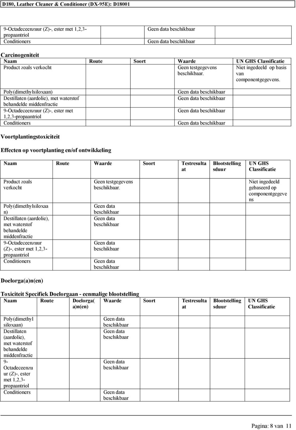 Classificatie Product zoals verkocht Poly(dimethylsiloxaa n) Destillaten (aardolie), met waterstof behandelde middenfractie 9-Octadeceenzuur (Z)-, ester met 1,2,3- Doelorga(a)n(en).