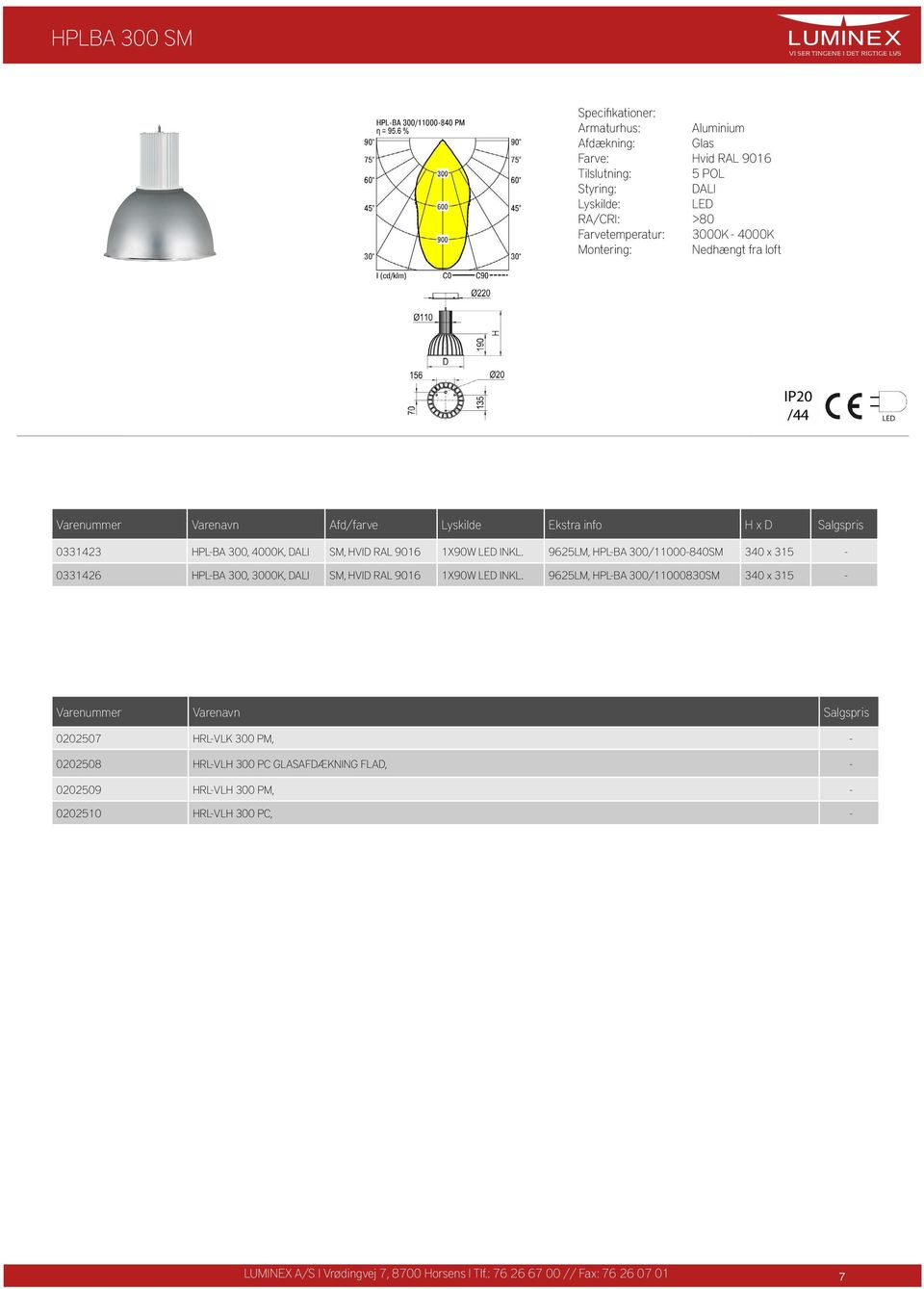 9625LM, HPL-BA 300/11000-840SM 340 x 315-0331426 HPL-BA 300, 3000K, ALI SM, HVI RAL 9016 1X90W INKL.