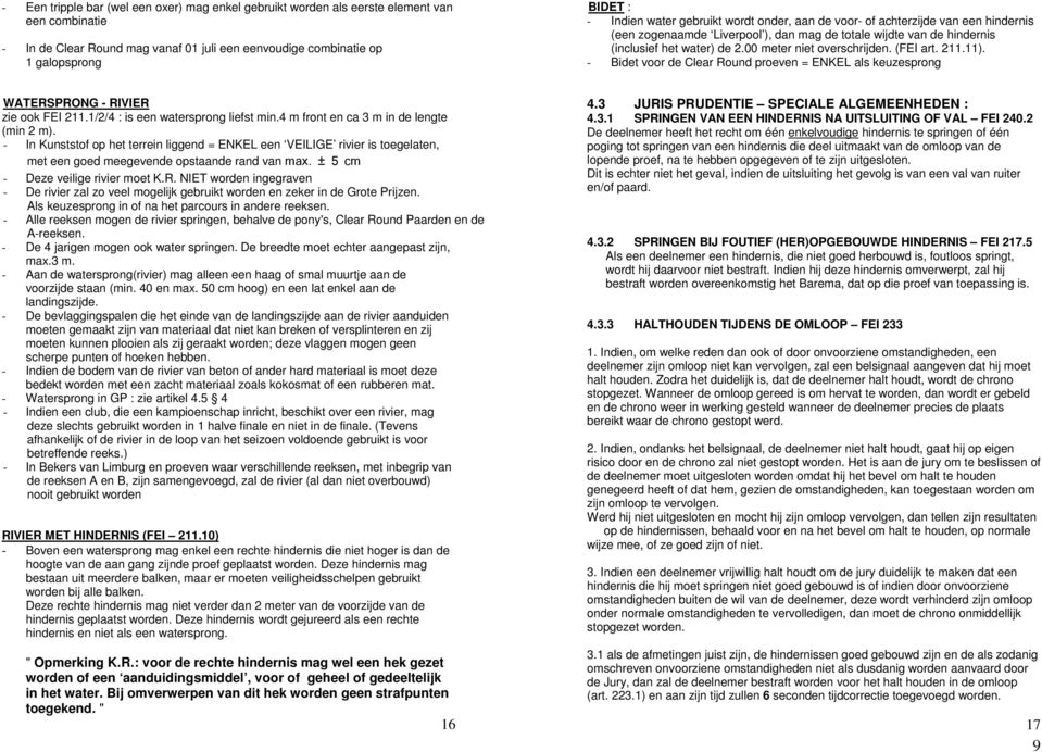 (FEI art. 211.11). - Bidet voor de Clear Round proeven = ENKEL als keuzesprong WATERSPRONG - RIVIER zie ook FEI 211.1/2/4 : is een watersprong liefst min.4 m front en ca 3 m in de lengte (min 2 m).