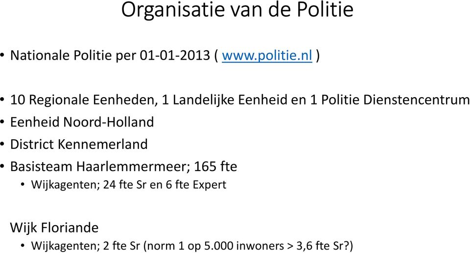 Noord-Holland District Kennemerland Basisteam Haarlemmermeer; 165 fte Wijkagenten; 24