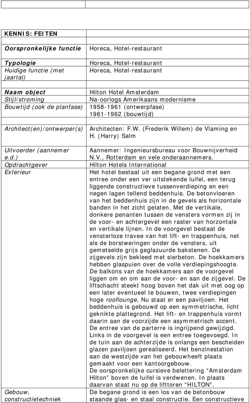 (Harry) Salm Uitvoerder (aannemer e.d.) Opdrachtgever Exterieur Gebouw, constructietechniek Aannemer: Ingenieursbureau voor Bouwnijverheid N.V., Rotterdam en vele onderaannemers.