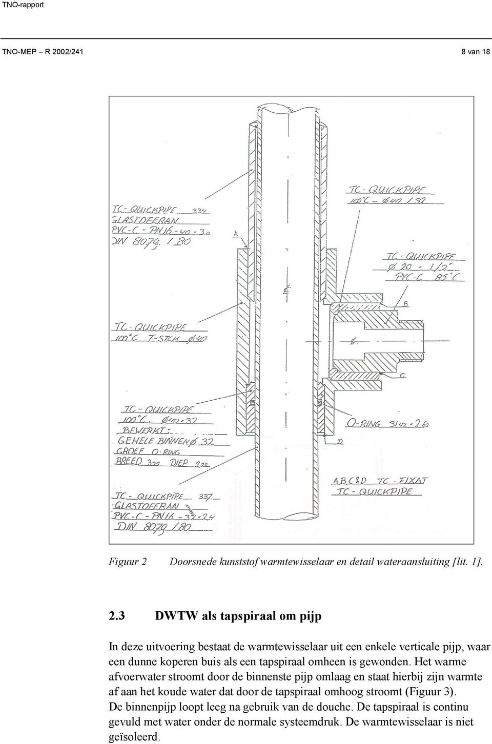 Doorsnede kunststof warmtewisselaar en detail wateraansluiting [lit. 1]. 2.