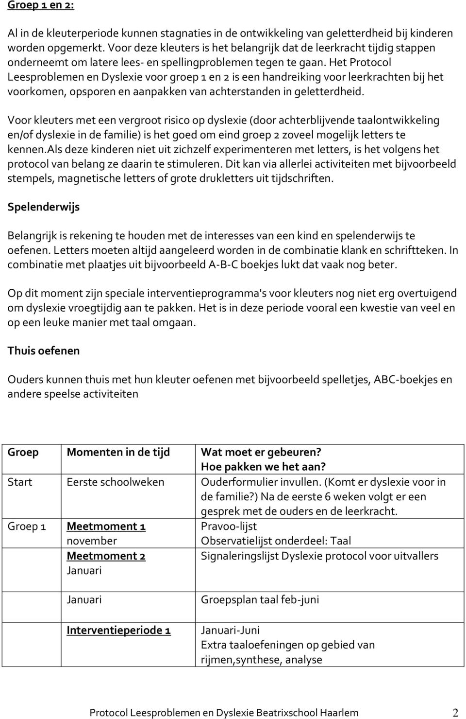 Het Protocol Leesproblemen en Dyslexie voor groep 1 en 2 is een handreiking voor leerkrachten bij het voorkomen, opsporen en aanpakken van achterstanden in geletterdheid.