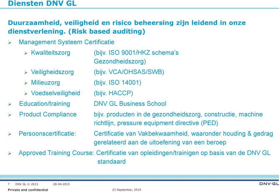 ISO 14001) Voedselveiligheid (bijv. HACCP) Education/training DNV GL Business School Product Compliance bijv.