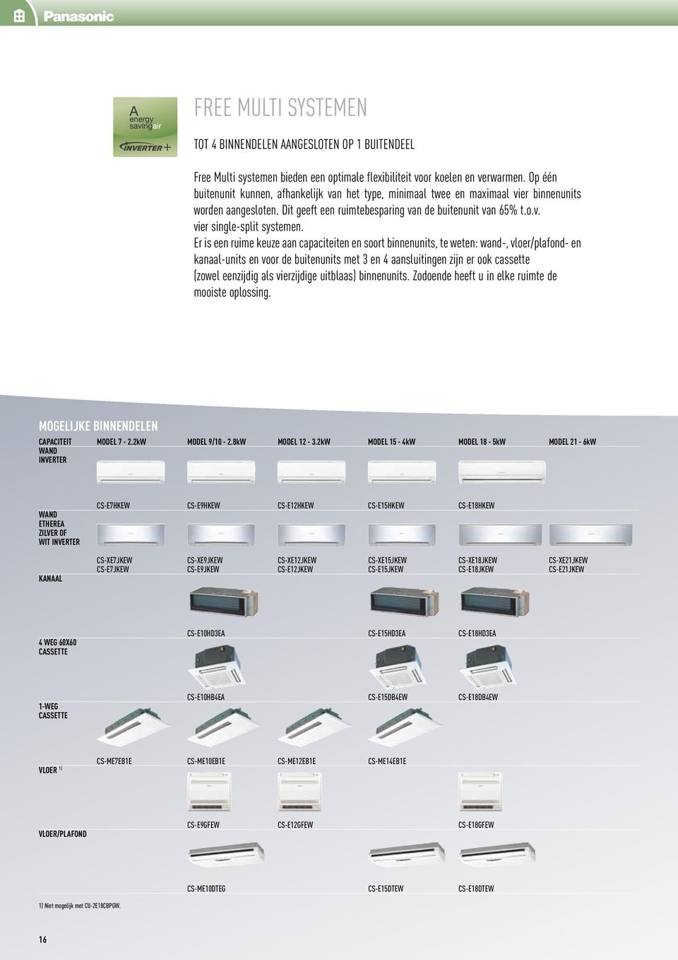 Er is een ruime keuze aan capaciteiten en soort binnenunits, te weten: wand-, vloer/plafond- en kanaal-units en voor de buitenunits met 3 en 4 aansluitingen zijn er ook cassette (zowel eenzijdig als