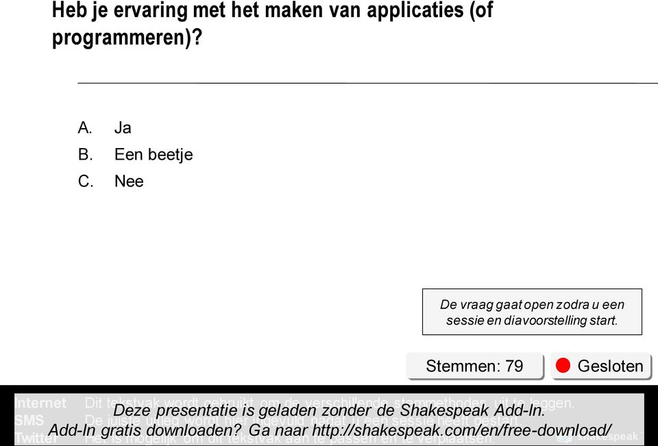 Stemmen: 79 Gesloten Internet SMS Twitter Dit tekstvak wordt gebruikt om de verschillende stemmethodes uit te leggen.