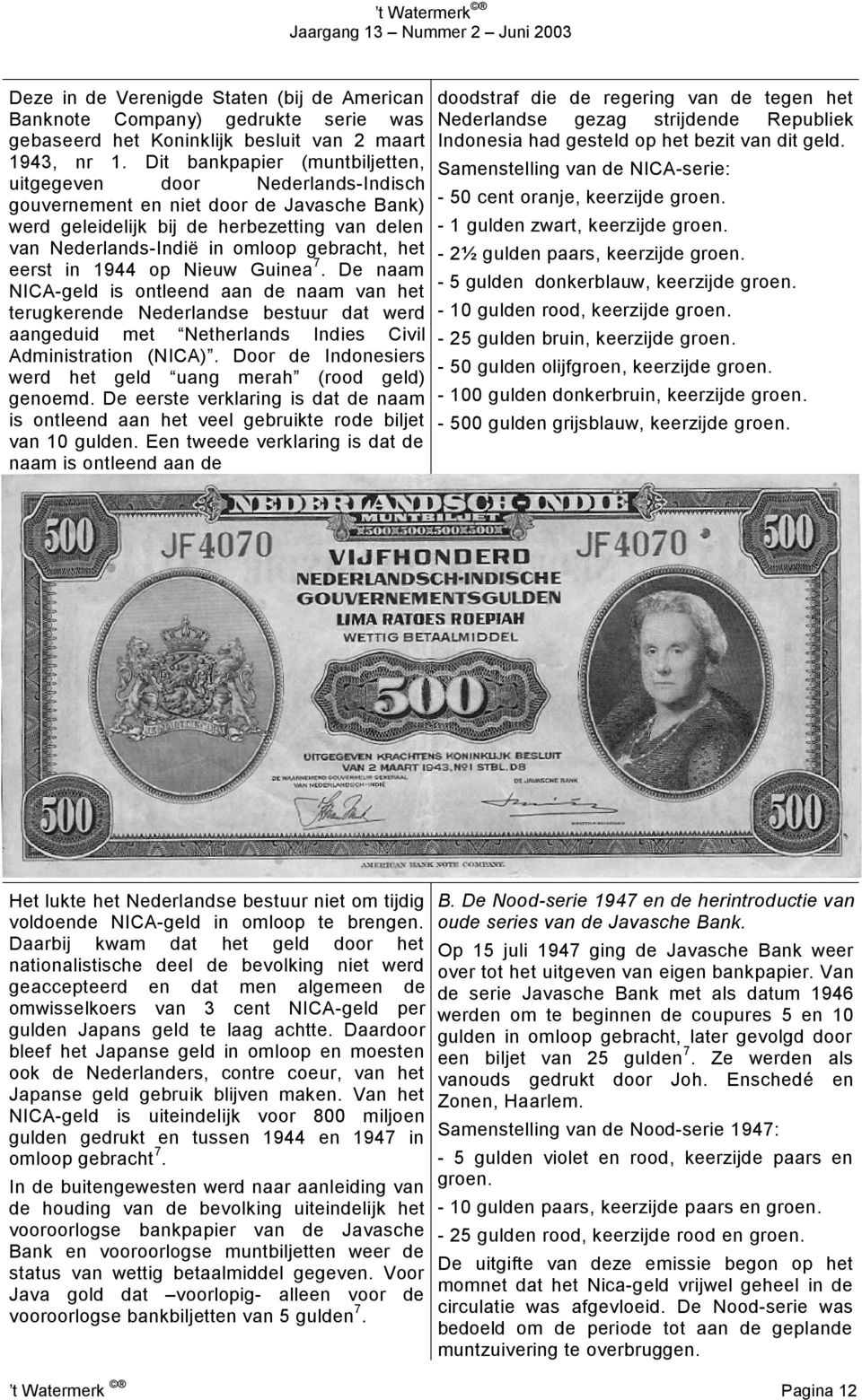 het eerst in 1944 op Nieuw Guinea 7. De naam NICA-geld is ontleend aan de naam van het terugkerende Nederlandse bestuur dat werd aangeduid met Netherlands Indies Civil Administration (NICA).