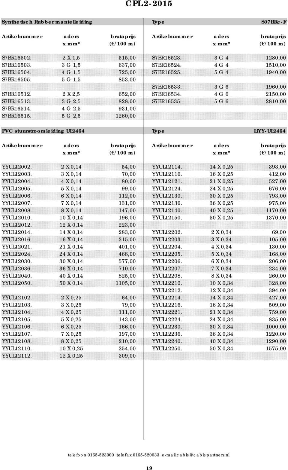 4 G 2,5 931,00 S7BR16515. 5 G 2,5 1260,00 PVC stuurstroomleiding UL2464 Type LiYY-UL2464 YYUL12002. 2 X 0,14 54,00 YYUL12114. 14 X 0,25 393,00 YYUL12003. 3 X 0,14 70,00 YYUL12116.