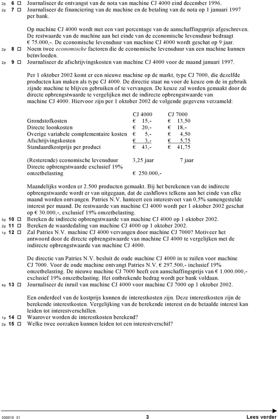 De economische levensduur van machine CJ 4000 wordt geschat op 9 jaar. 2p 8 Noem twee economische factoren die de economische levensduur van een machine kunnen beïnvloeden.