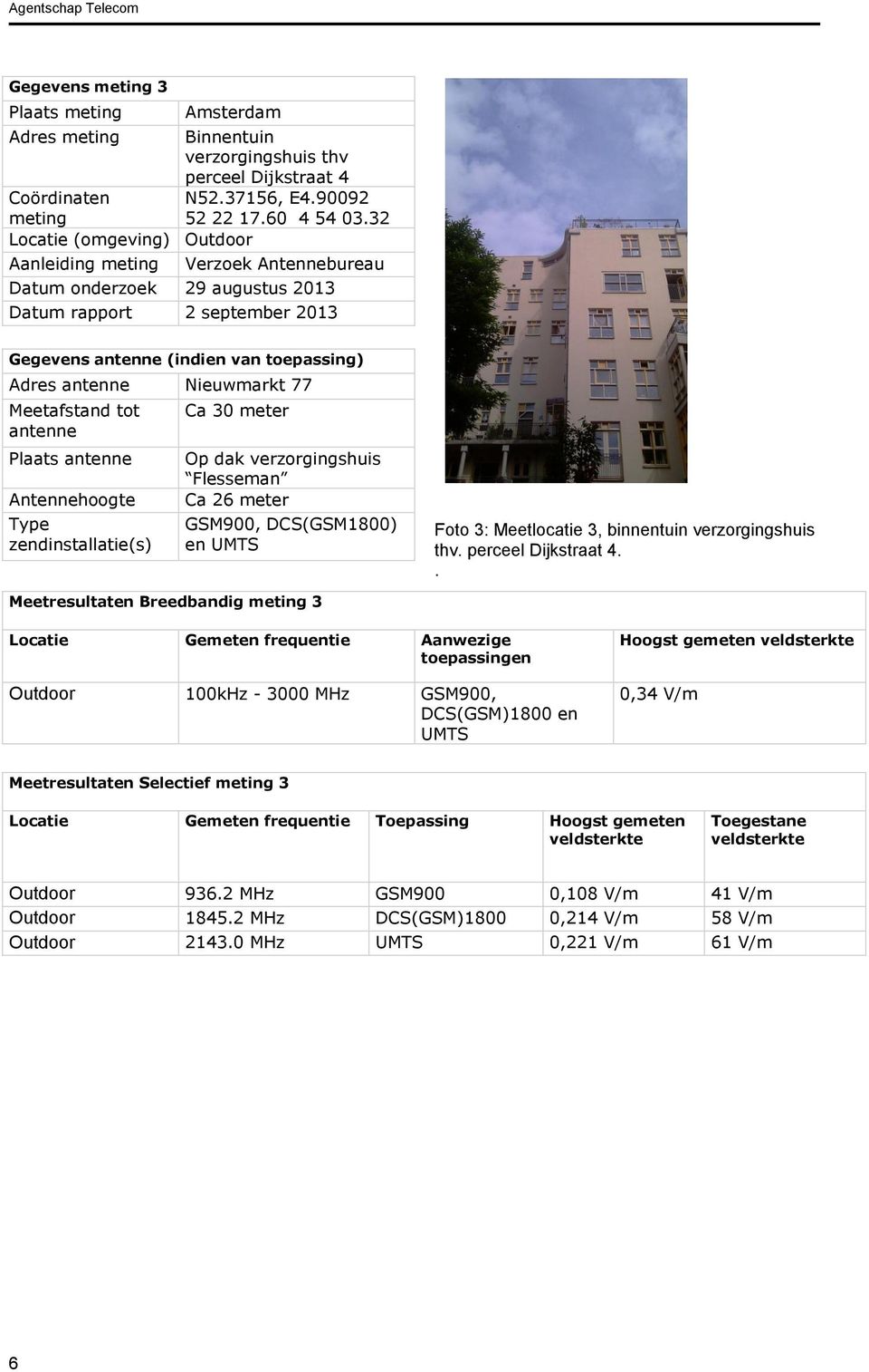 77 Meetafstand tot antenne Plaats antenne Antennehoogte Type zendinstallatie(s) Ca 30 meter Op dak verzorgingshuis Flesseman Ca 26 meter GSM900, DCS(GSM1800) en UMTS Foto 3: Meetlocatie 3, binnentuin