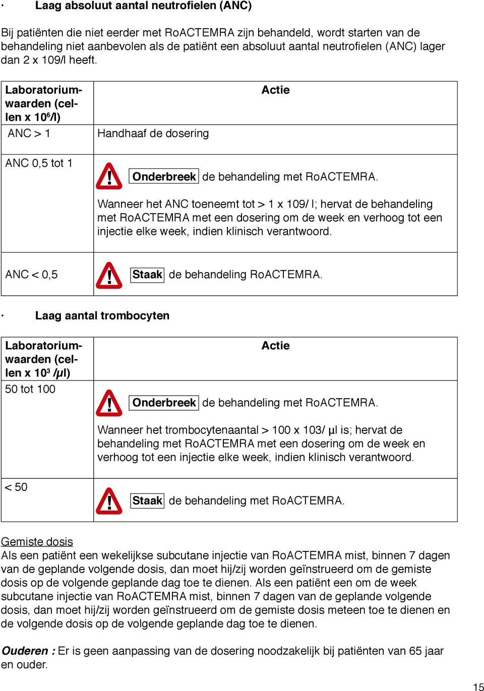 Wanneer het ANC toeneemt tot > 1 x 109/ l; hervat de behandeling met RoACTEMRA met een dosering om de week en verhoog tot een injectie elke week, indien klinisch verantwoord.