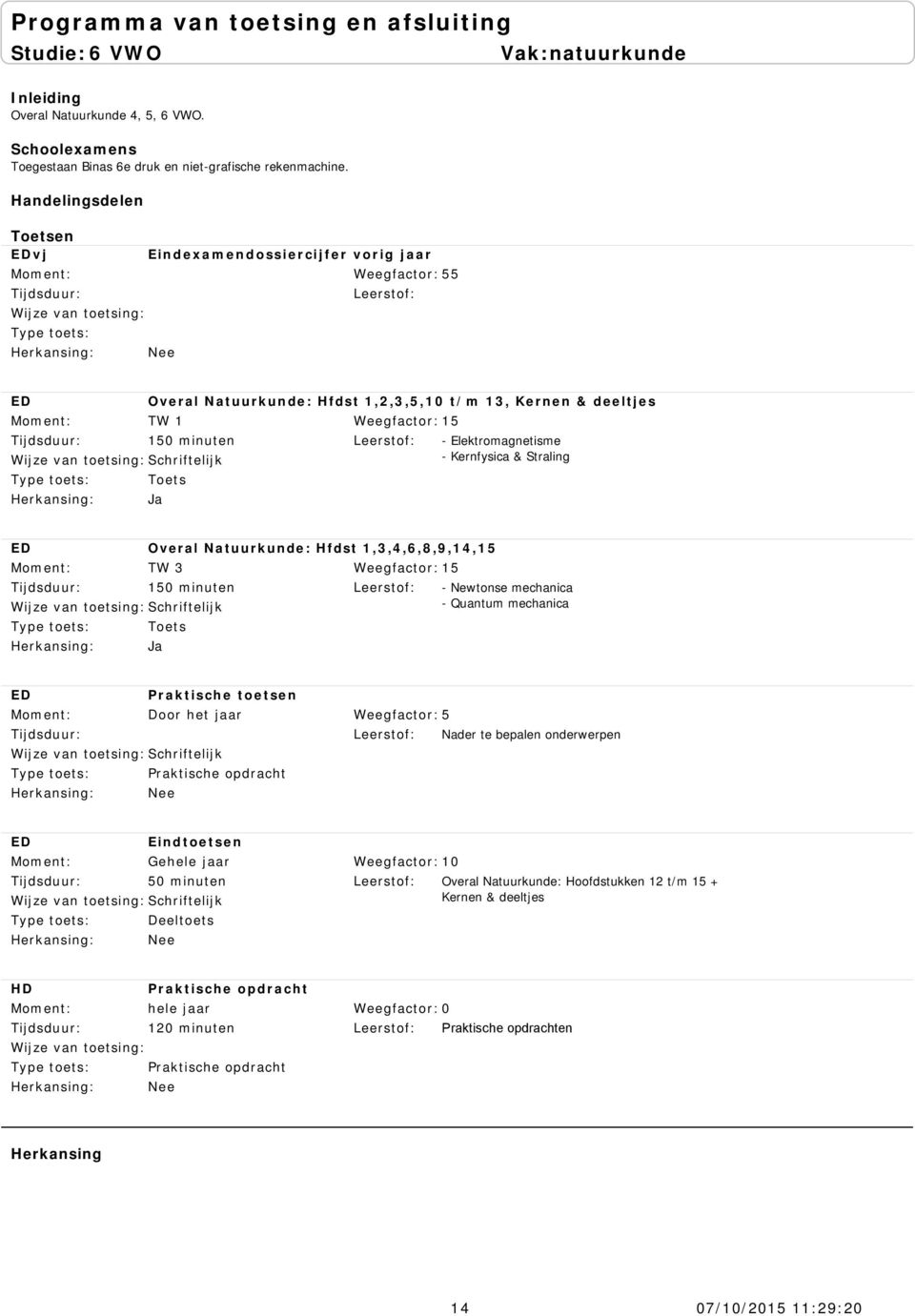 1,3,4,6,8,9,14,15 TW 3 150 minuten Ja - Newtonse mechanica - Quantum mechanica Praktische toetsen Door het jaar Praktische opdracht Nader te bepalen onderwerpen