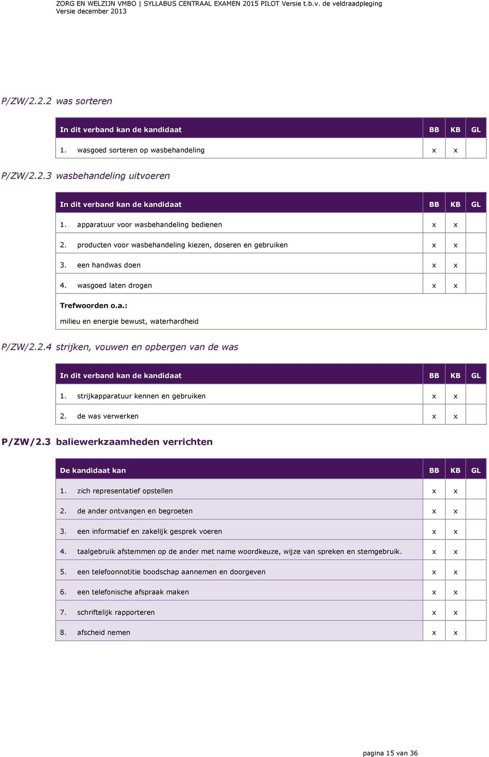 strijkapparatuur kennen en gebruiken 2. de was verwerken P/ZW/2.3 baliewerkzaamheden verrichten De kandidaat kan BB KB GL 1. zich representatief opstellen 2. de ander ontvangen en begroeten 3.