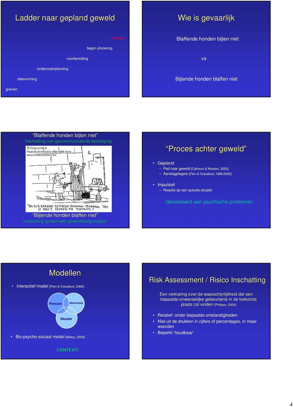 (potentieel) gewelddadig subject Modellen Interactief model [Fein & Vossekuil, 2000] Persoon Situatie Maatschappij Bio-psycho-sociaal model [Meloy, 2000] Risk Assessment / Risico Inschatting Een