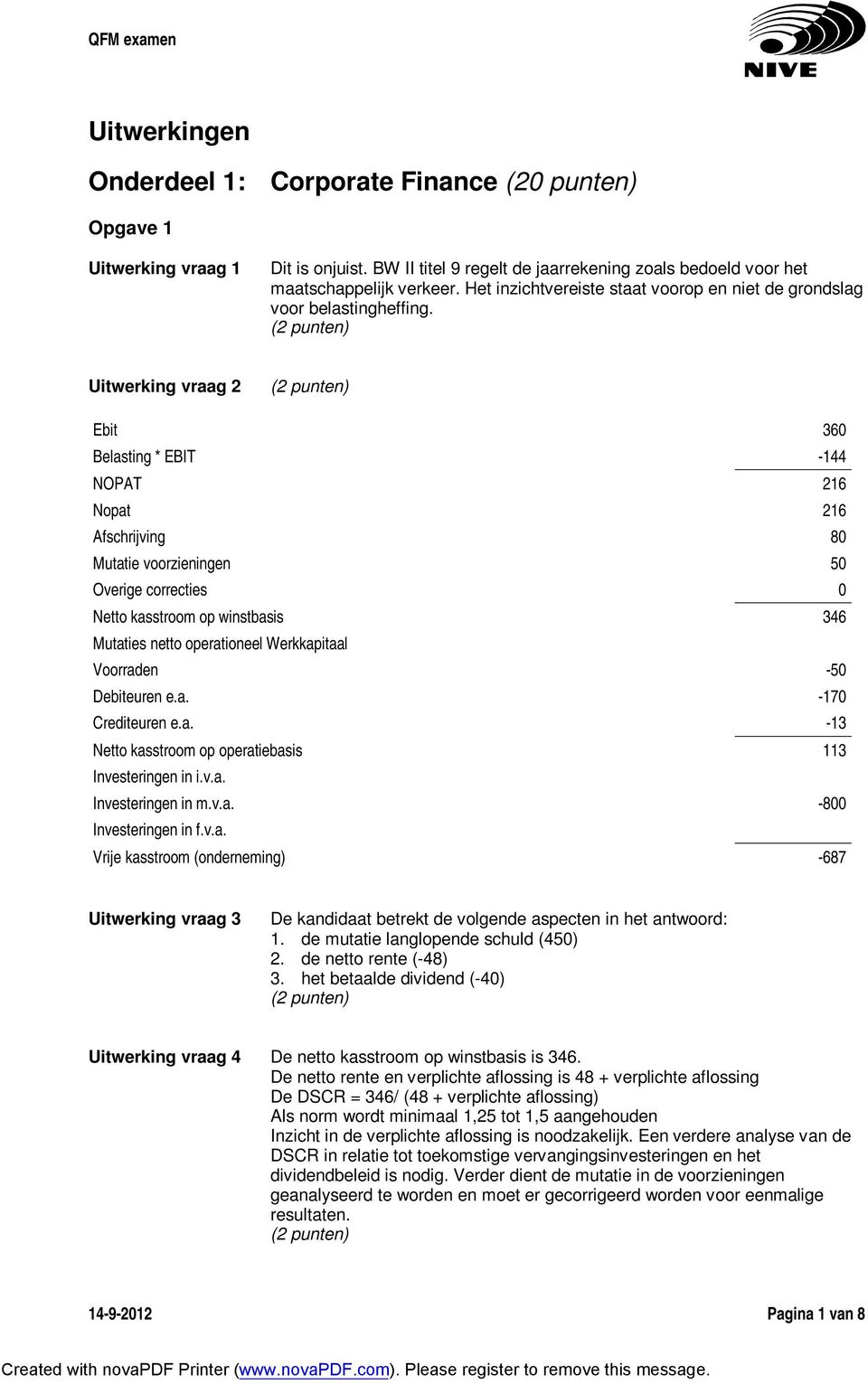 Uitwerking vraag 2 Ebit 360 Belasting * EBIT -144 NOPAT 216 Nopat 216 Afschrijving 80 Mutatie voorzieningen 50 Overige correcties 0 Netto kasstroom op winstbasis 346 Mutaties netto operationeel