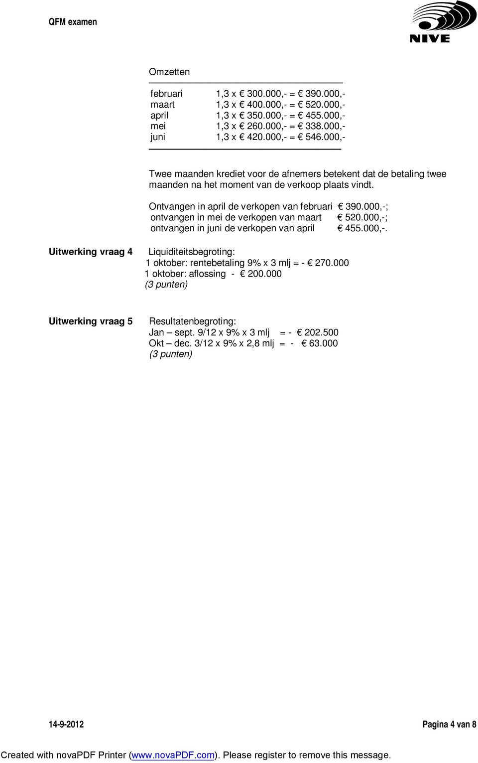 000,-; ontvangen in mei de verkopen van maart 520.000,-; ontvangen in juni de verkopen van april 455.000,-. Uitwerking vraag 4 Liquiditeitsbegroting: 1 oktober: rentebetaling 9% x 3 mlj = - 270.