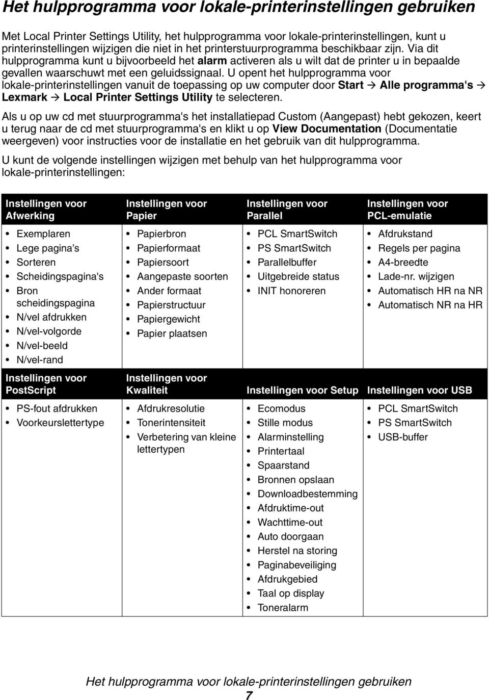 U opent het hulpprogramma voor lokale-printerinstellingen vanuit de toepassing op uw computer door Start Alle programma's Lexmark Local Printer Settings Utility te selecteren.