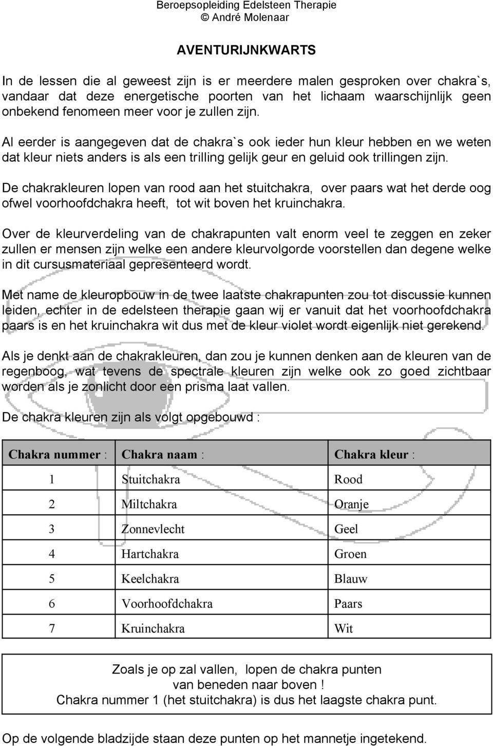 De chakrakleuren lopen van rood aan het stuitchakra, over paars wat het derde oog ofwel voorhoofdchakra heeft, tot wit boven het kruinchakra.