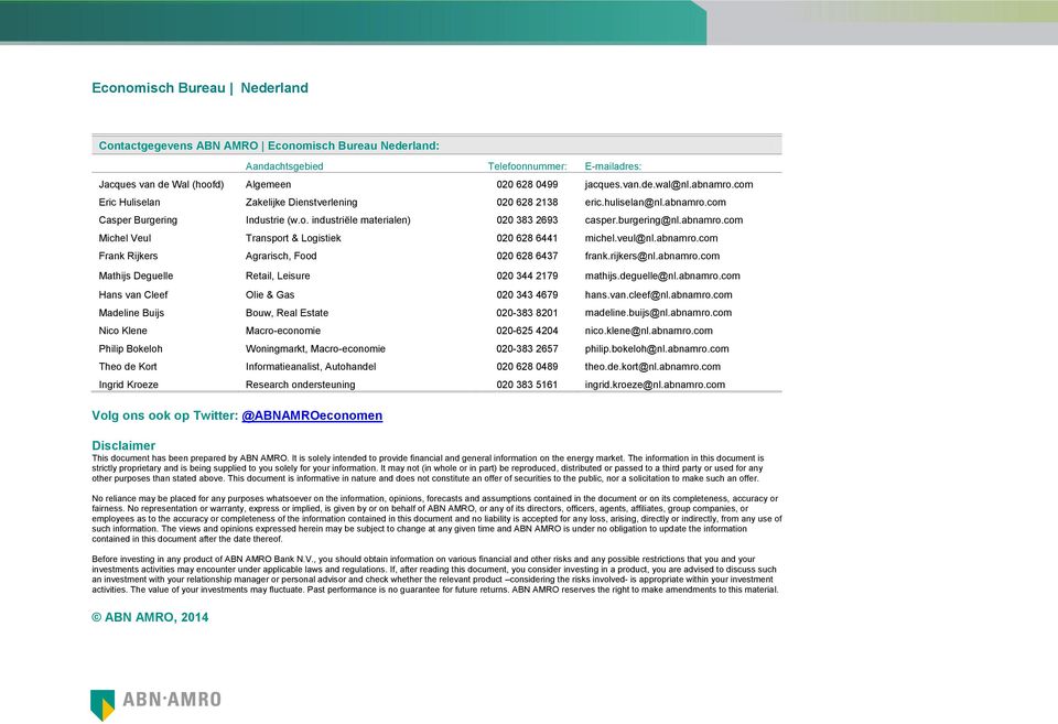 veul@nl.abnamro.com Frank Rijkers Agrarisch, Food 020 628 6437 frank.rijkers@nl.abnamro.com Mathijs Deguelle Retail, Leisure 020 344 2179 mathijs.deguelle@nl.abnamro.com Hans van Cleef Olie & Gas 020 343 4679 hans.