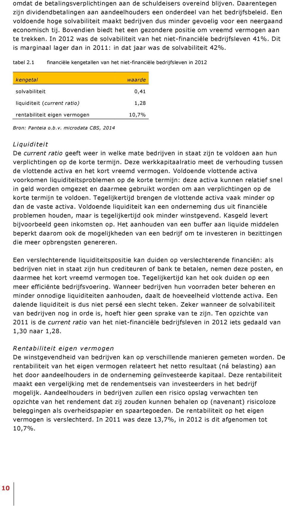 In 2012 was de solvabiliteit van het niet-financiële bedrijfsleven 41%. Dit is marginaal lager dan in 2011: in dat jaar was de solvabiliteit 42%. tabel 2.