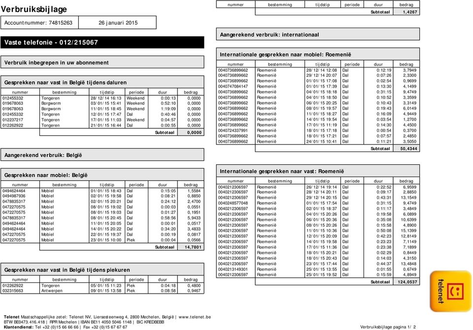 0:40:46 0,0000 012237217 Tongeren 17/01/15 11:03 Weekend 0:04:57 0,0000 012262922 Tongeren 21/01/15 16:44 Dal 0:00:55 0,0000 Aangerekend verbruik: België Gesprekken naar mobiel: België Subtotaal