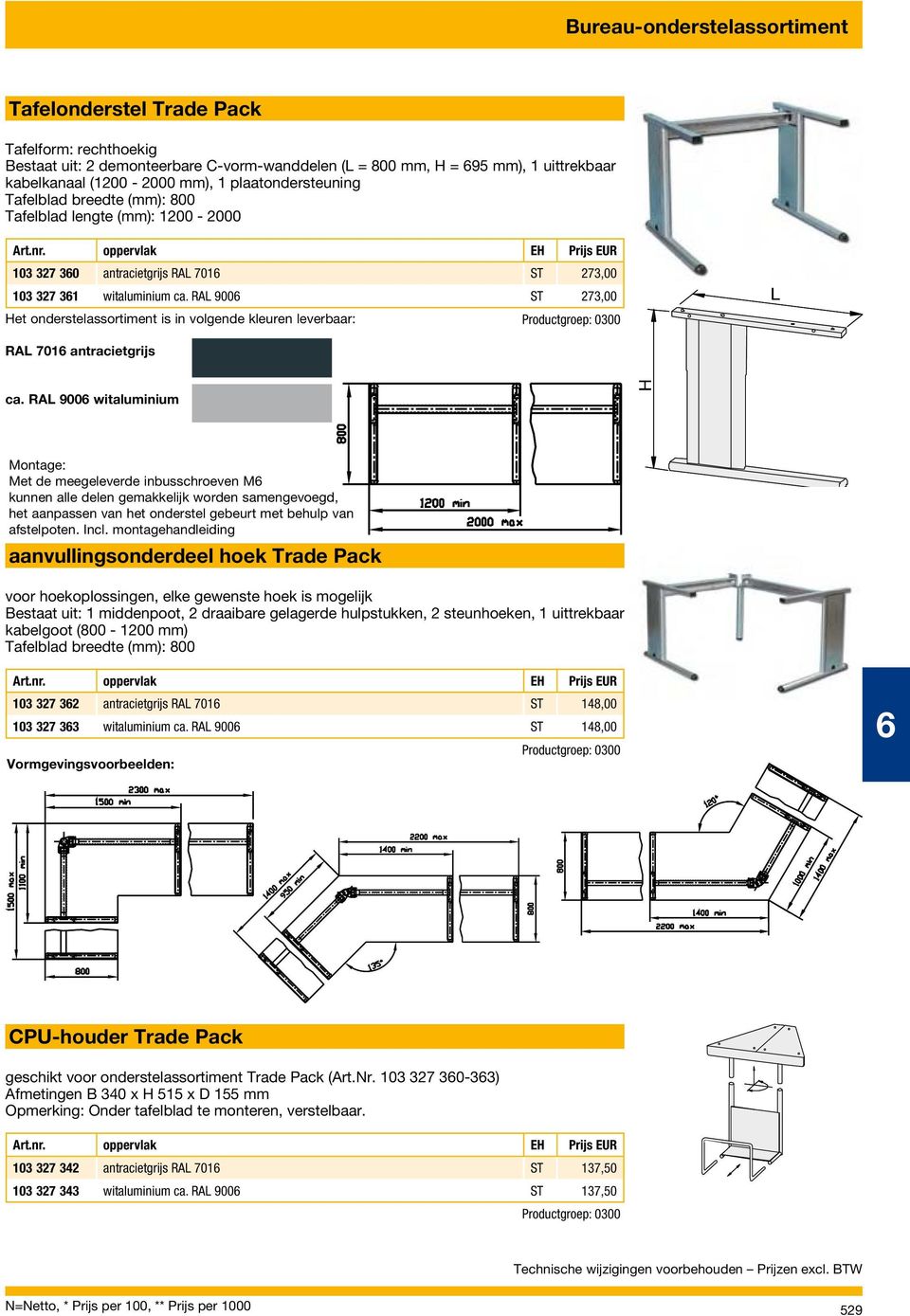 RAL 9006 ST 273,00 Het onderstelassortiment is in volgende kleuren leverbaar: L RAL 7016 antracietgrijs ca.