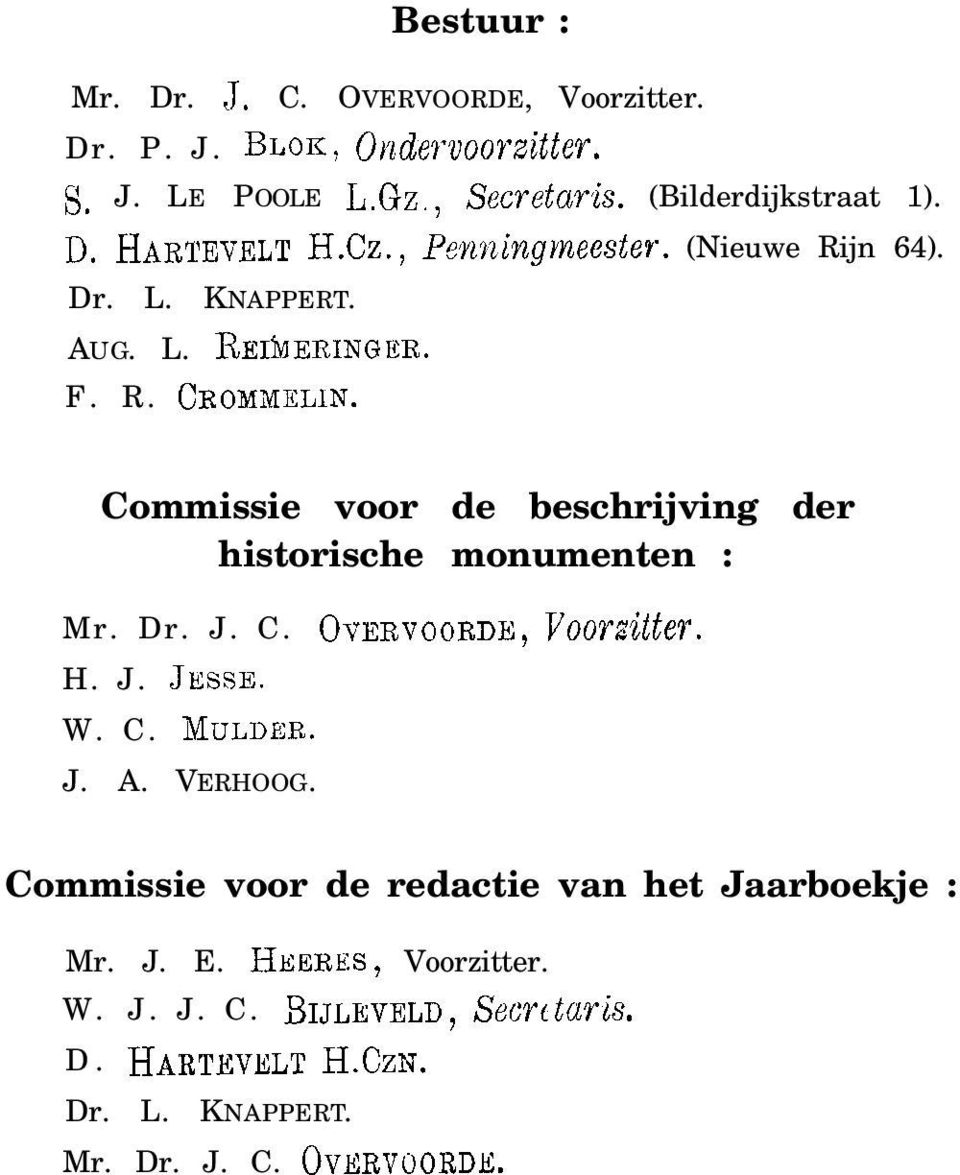 Commissie voor de beschrijving der historische monumenten : Mr. Dr. J. C. OVERVOORDE, Voorde?. H. J. JESSE. W. C. MULDER. J. A. VERHOOG.