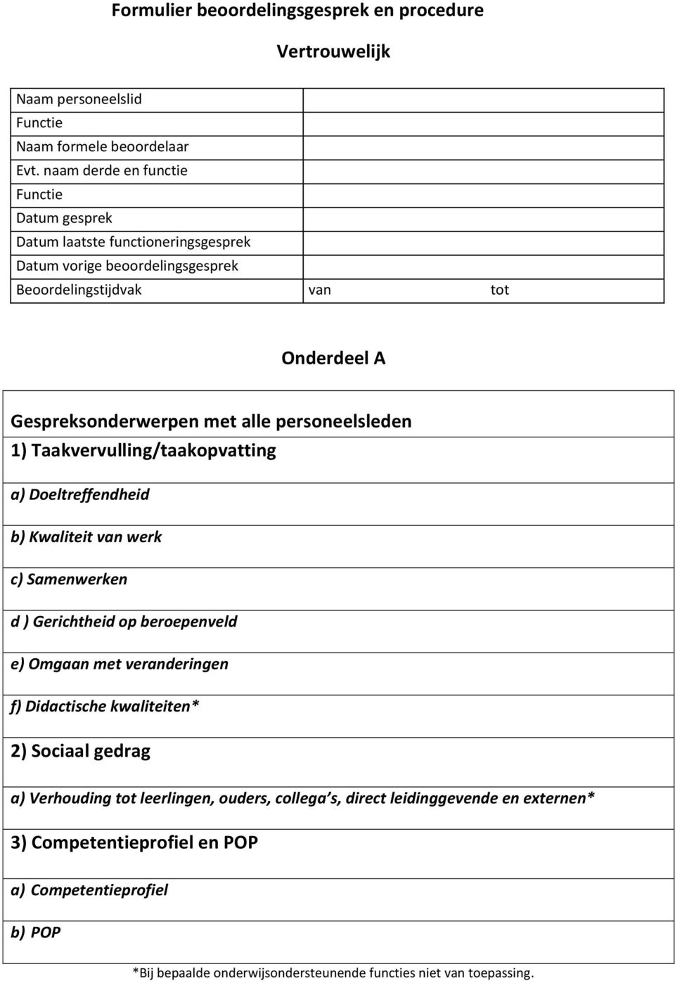 alle personeelsleden 1) Taakvervulling/taakopvatting a) Doeltreffendheid b) Kwaliteit van werk c) Samenwerken d ) Gerichtheid op beroepenveld e) Omgaan met veranderingen f)