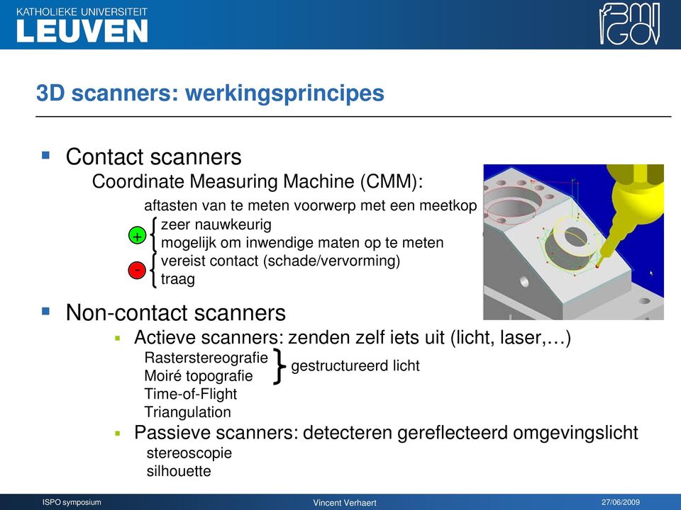 Non-contact scanners Actieve scanners: zenden zelf iets uit (licht, laser, ) Rasterstereografie Moiré topografie