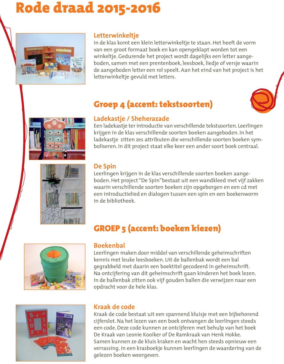 Aan het eind van het project is het letterwinkeltje gevuld met letters. Groep 4 (accent: tekstsoorten) Ladekastje / Sheherazade Een ladekastje ter introductie van verschillende tekstsoorten.