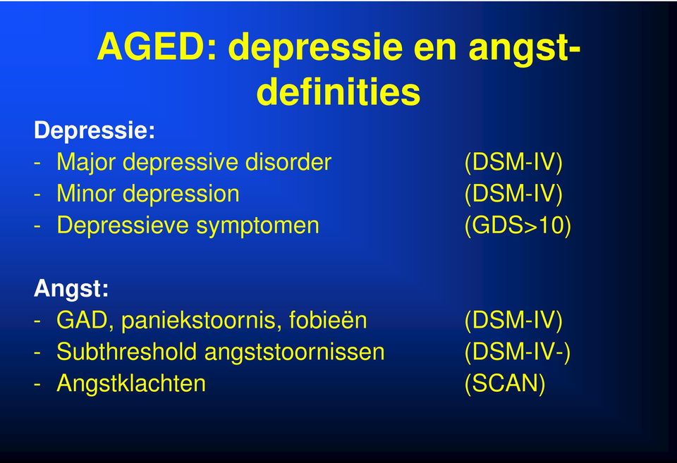 Depressieve symptomen (GDS>10) Angst: - GAD, paniekstoornis,