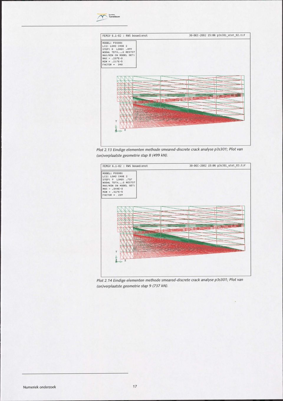 13 Eindige elementen methode smeared-discrete crack analyse p3s301; Plot van (on)verplaatste geometrie stap 8 (499 kn). FEHGU 6.