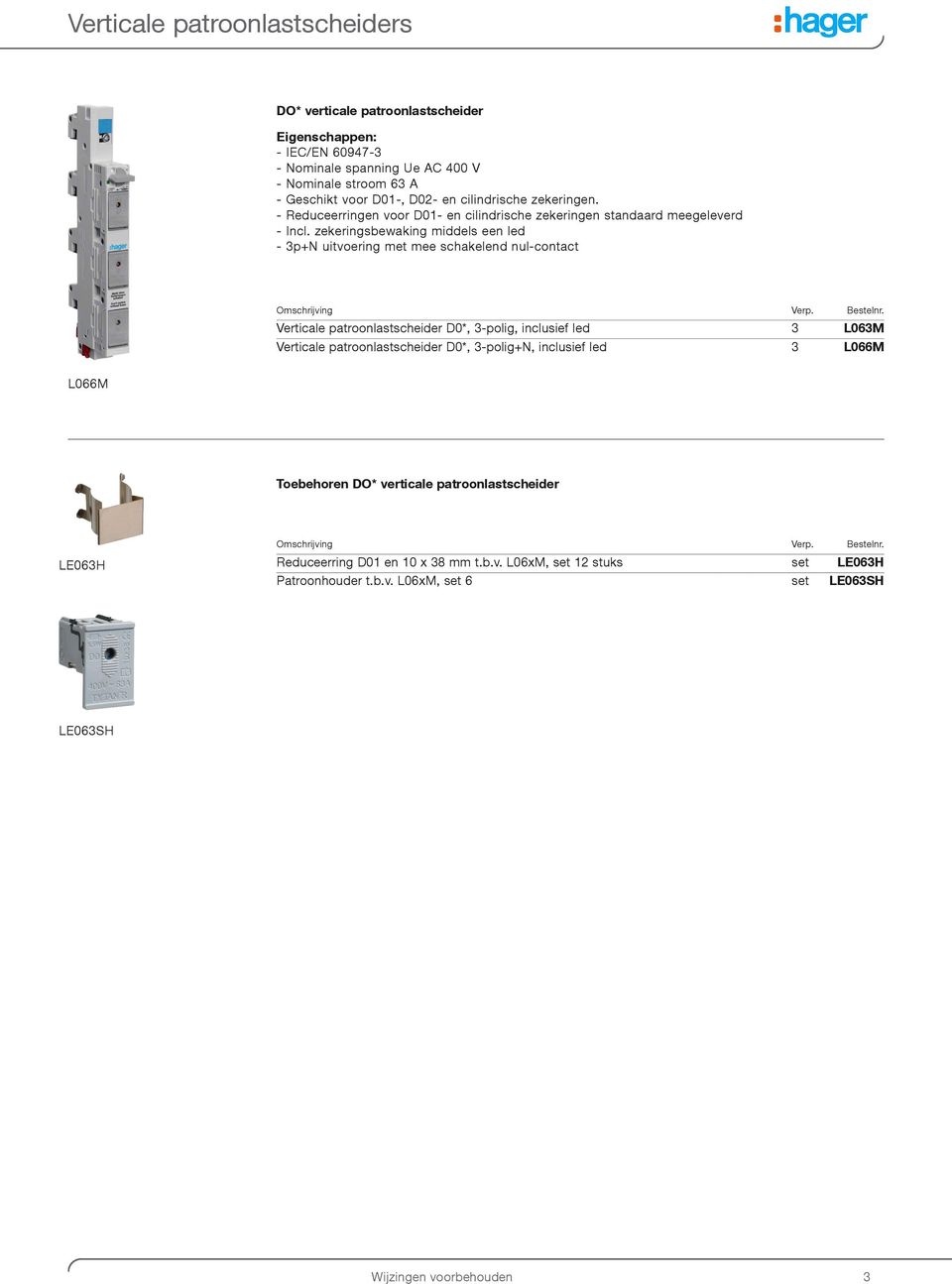 zekeringsbewaking middels een led - 3p+N uitvoering met mee schakelend nul-contact Omschrijving Verp. Bestelnr.