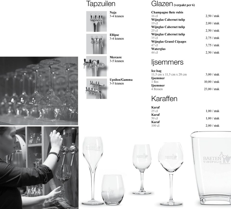 stuk Wijnglas Grand Cépages 47 cl 3,75 / stuk Waterglas 44 cl 2,50 / stuk Ijsemmers Ice bag 11,5 cm x 11,5 cm x 28 cm 3,00 / stuk