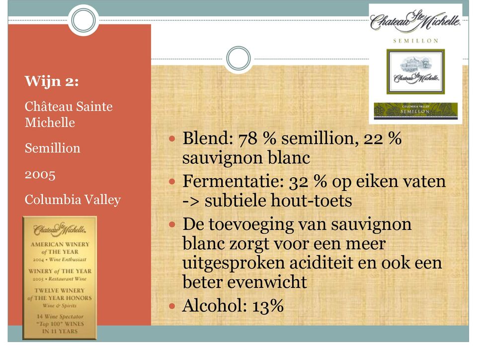 -> subtiele hout-toets De toevoeging van sauvignon blanc zorgt voor