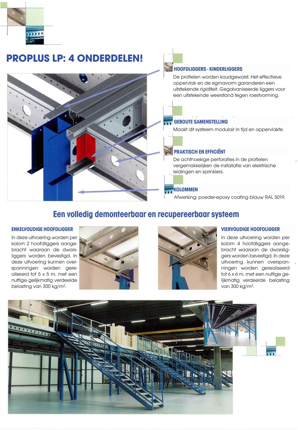 PRAKTISCH EN EFFICIËNT De achthoekige perforaties in de profielen vergemakkelijken de installatie van elektrische leidingen en sprinklers. KOLOMMEN Afwerking: poeder-epoxy coating blauw RAL 5019.