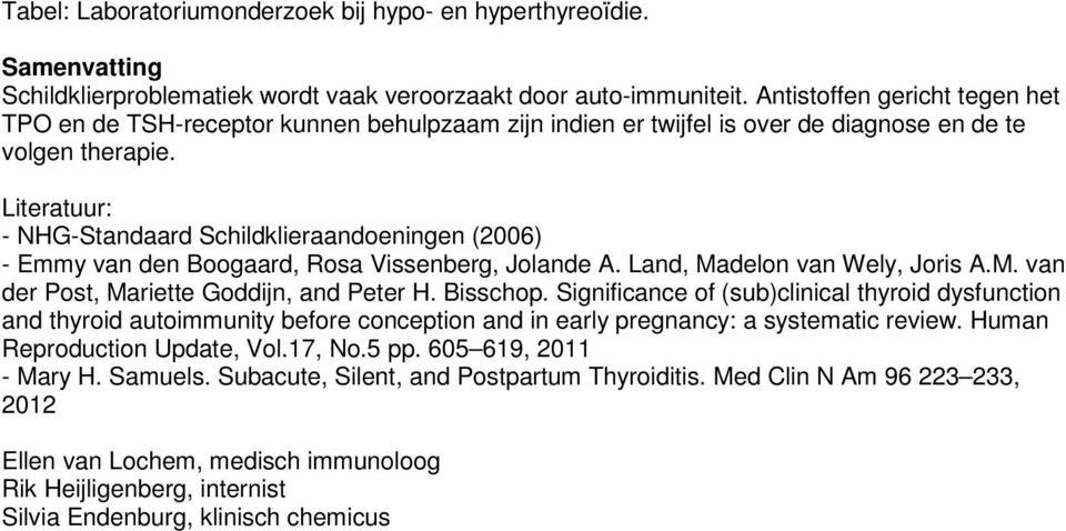 Literatuur: - NHG-Standaard Schildklieraandoeningen (2006) - Emmy van den Boogaard, Rosa Vissenberg, Jolande A. Land, Madelon van Wely, Joris A.M. van der Post, Mariette Goddijn, and Peter H.