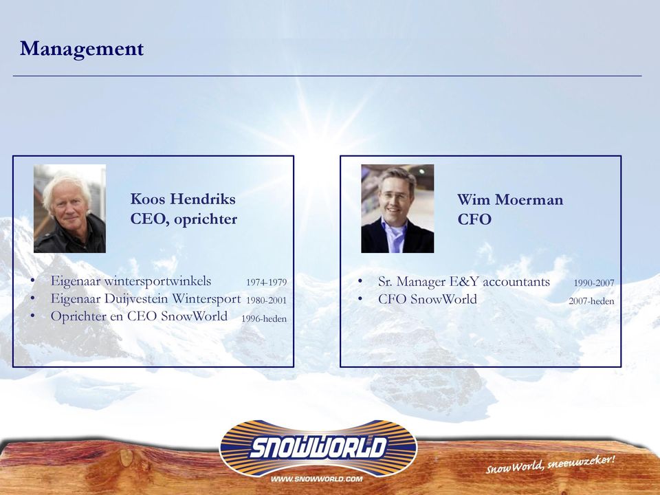 Wintersport Oprichter en CEO SnowWorld 1974-1979 1980-2001
