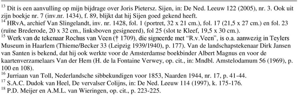 , linksboven gesigneerd), fol 25 (slot te Kleef, 19,5 x 30 cm.). 15 Werk van de tekenaar Rochus van Veen ( 1709), die signeerde met R.v.Veen, is o.a. aanwezig in Teylers Museum in Haarlem (Thieme/Becker 33 (Leipzig 1939/1940), p.