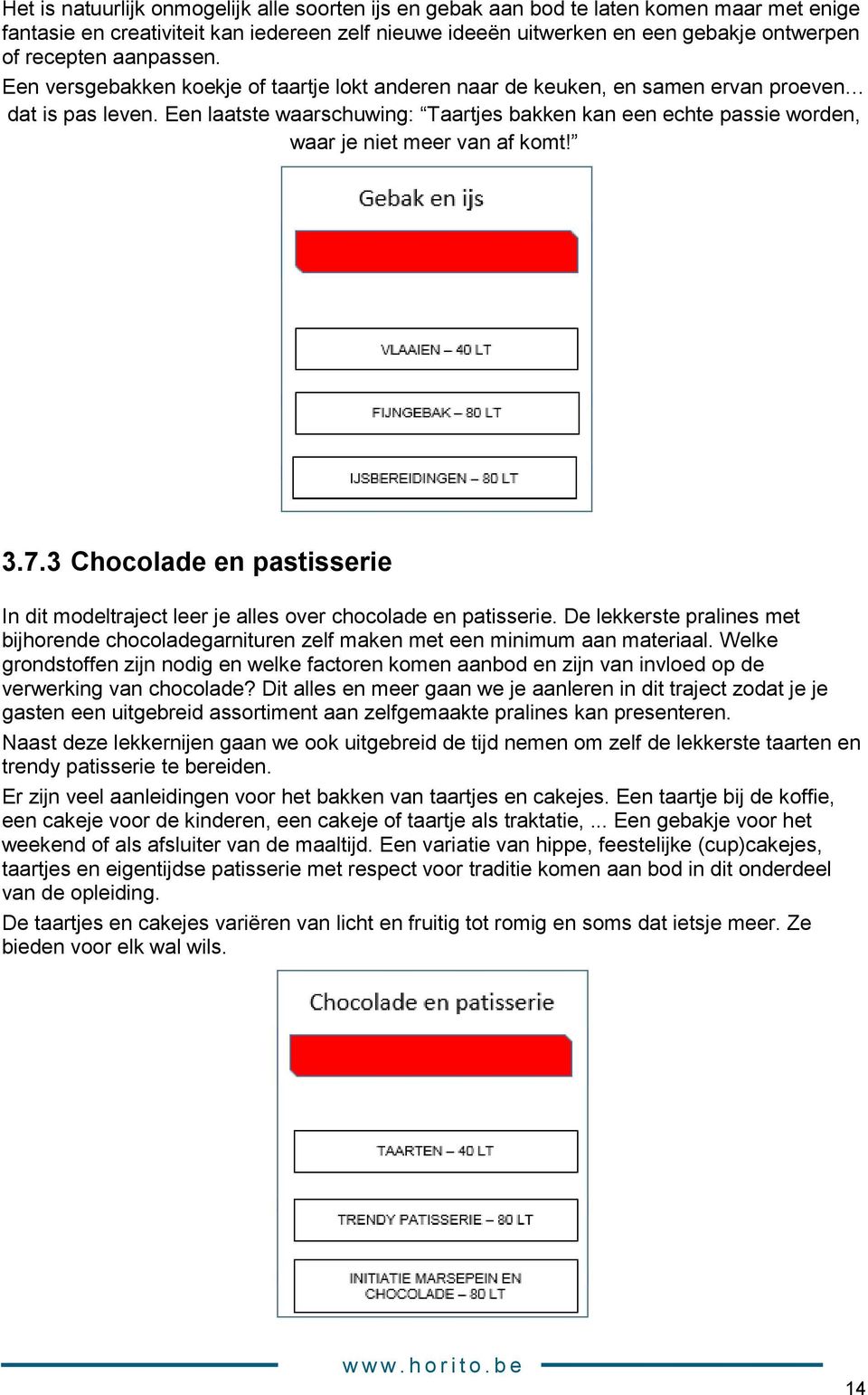 Een laatste waarschuwing: Taartjes bakken kan een echte passie worden, waar je niet meer van af komt! 3.7.3 Chocolade en pastisserie In dit modeltraject leer je alles over chocolade en patisserie.