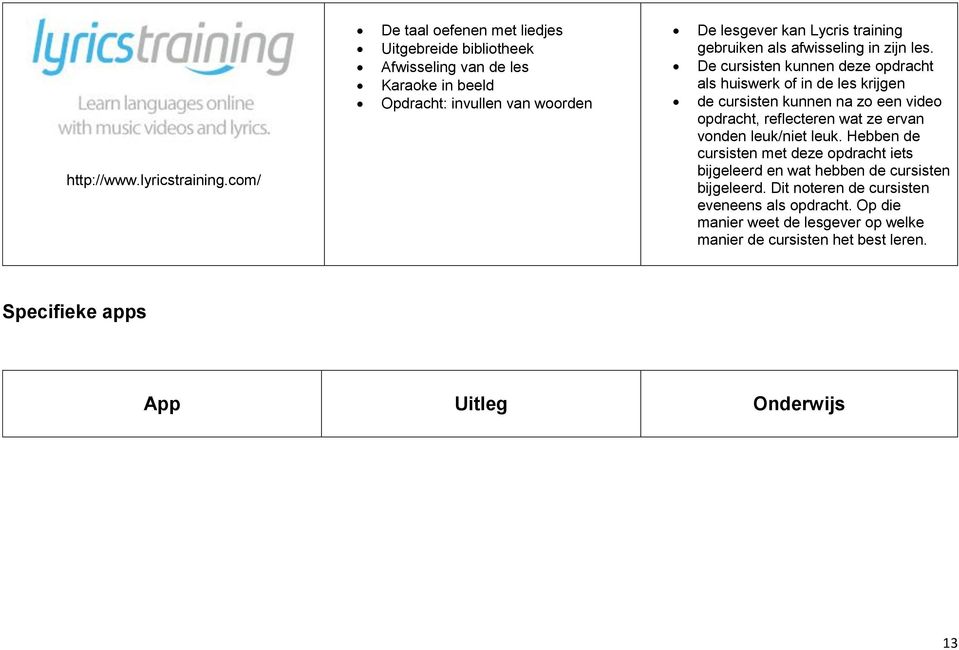 training gebruiken als afwisseling in zijn les.