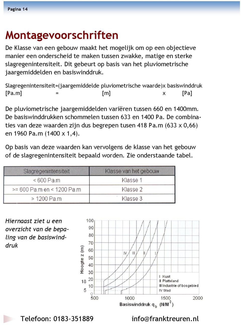 m] = [m] x [Pa] De pluviometrische jaargemiddelden variëren tussen 660 en 1400mm. De basiswinddrukken schommelen tussen 633 en 1400 Pa. De combinaties van deze waarden zijn dus begrepen tusen 418 Pa.