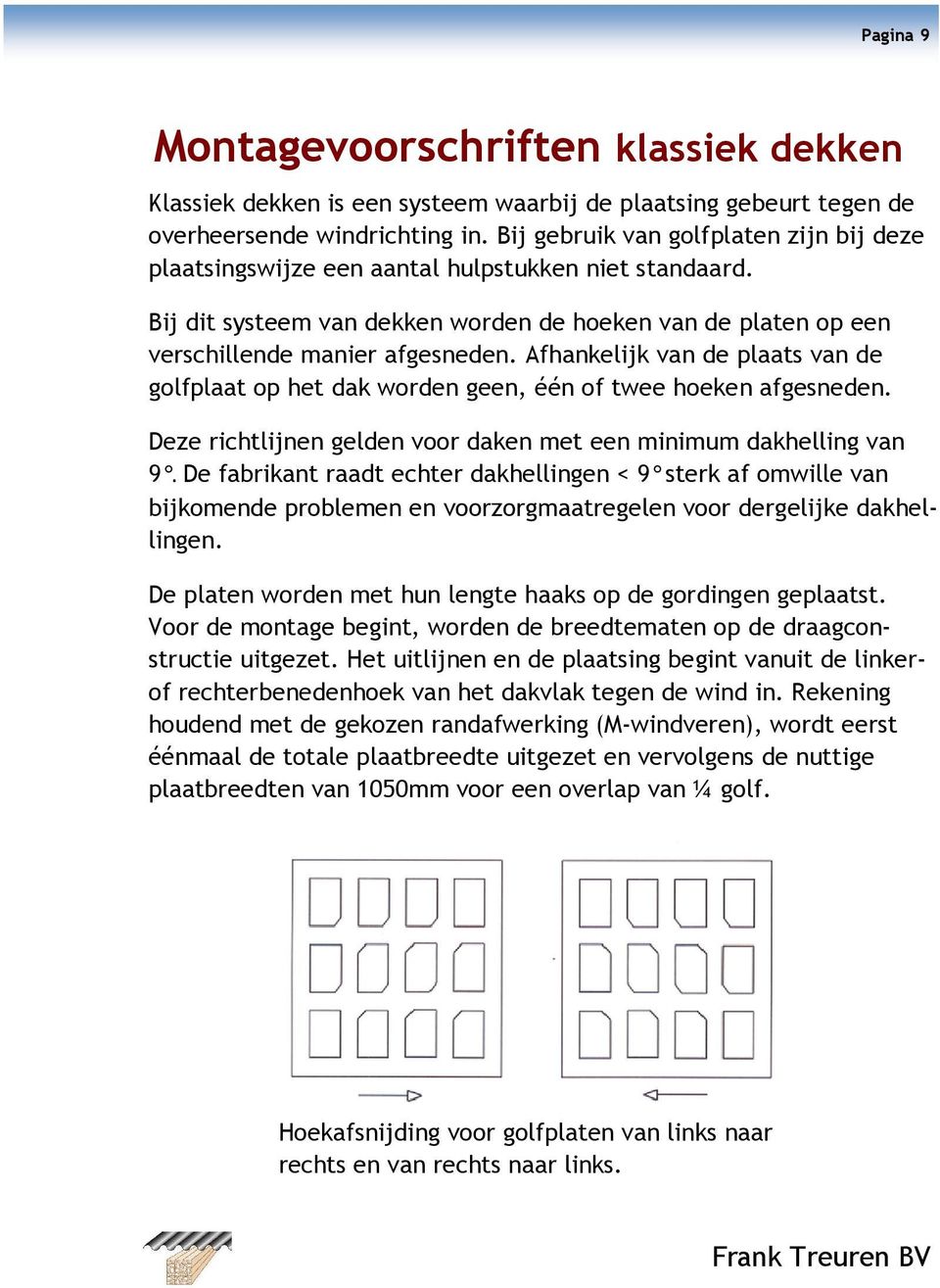 Afhankelijk van de plaats van de golfplaat op het dak worden geen, één of twee hoeken afgesneden. Deze richtlijnen gelden voor daken met een minimum dakhelling van 9.