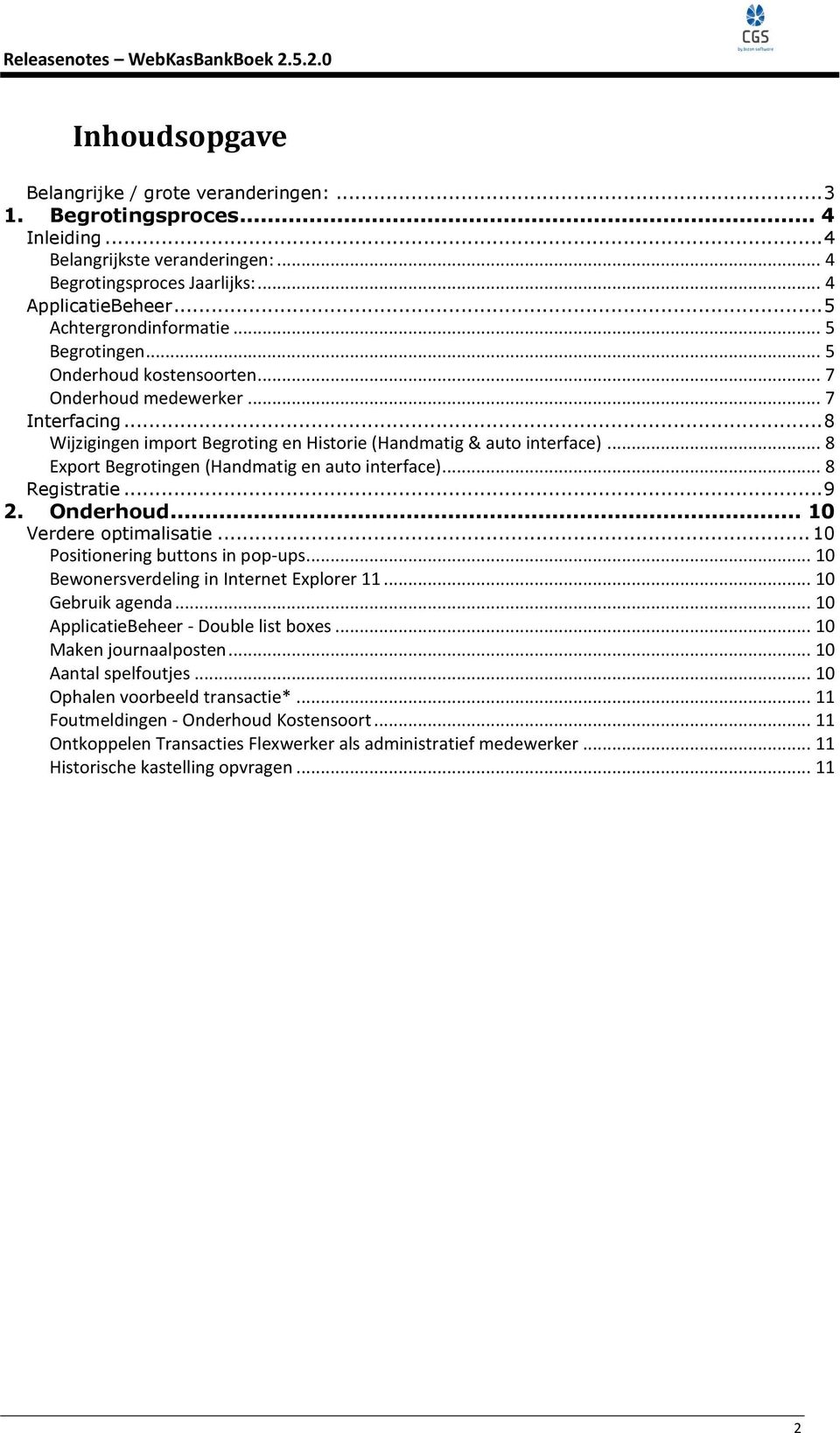 .. 8 Export Begrotingen (Handmatig en auto interface)... 8 Registratie... 9 2. Onderhoud... 10 Verdere optimalisatie... 10 Positionering buttons in pop-ups.