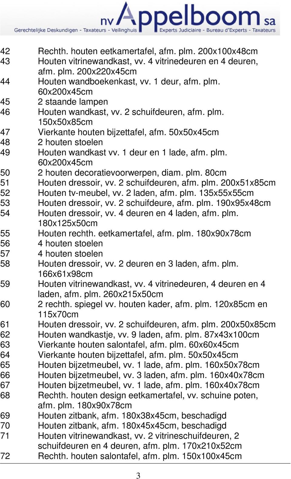 plm. 80cm 51 Houten dressoir, vv. 2 schuifdeuren, afm. plm. 200x51x85cm 52 Houten tv-meubel, vv. 2 laden, afm. plm. 135x55x55cm 53 Houten dressoir, vv. 2 schuifdeure, afm. plm. 190x95x48cm 54 Houten dressoir, vv.