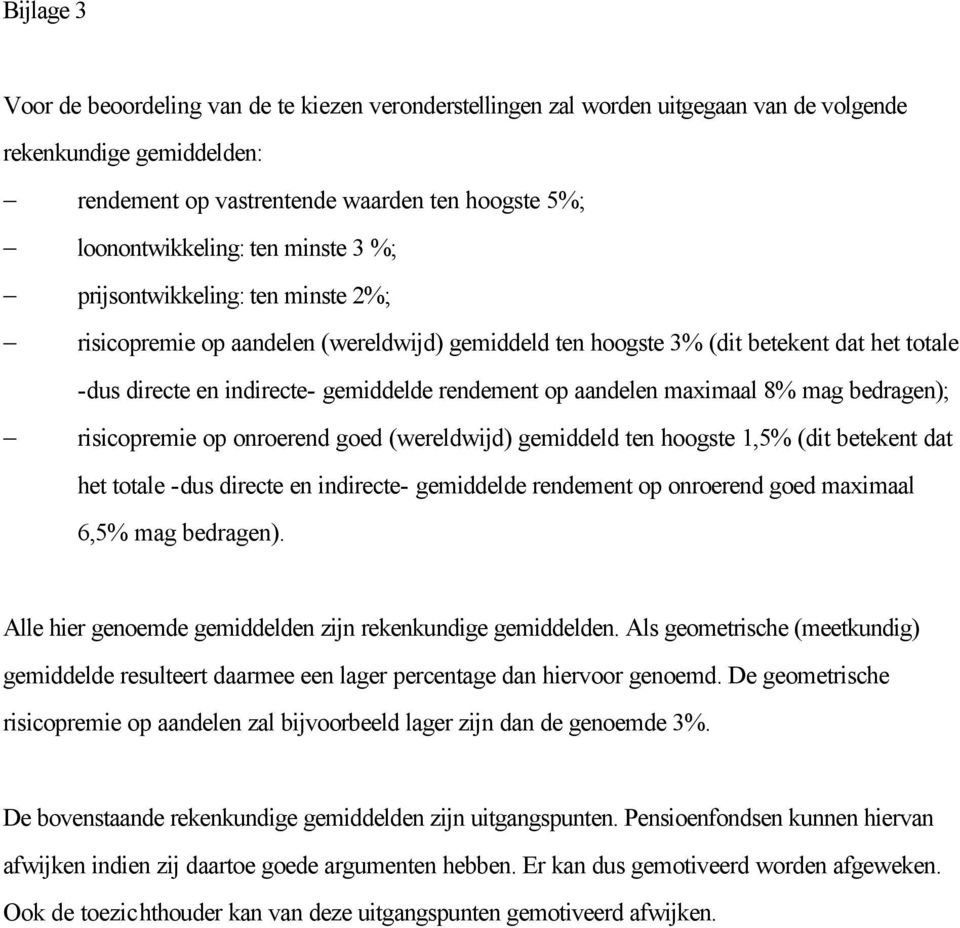 aandelen maximaal 8% mag bedragen); risicopremie op onroerend goed (wereldwijd) gemiddeld ten hoogste 1,5% (dit betekent dat het totale -dus directe en indirecte- gemiddelde rendement op onroerend