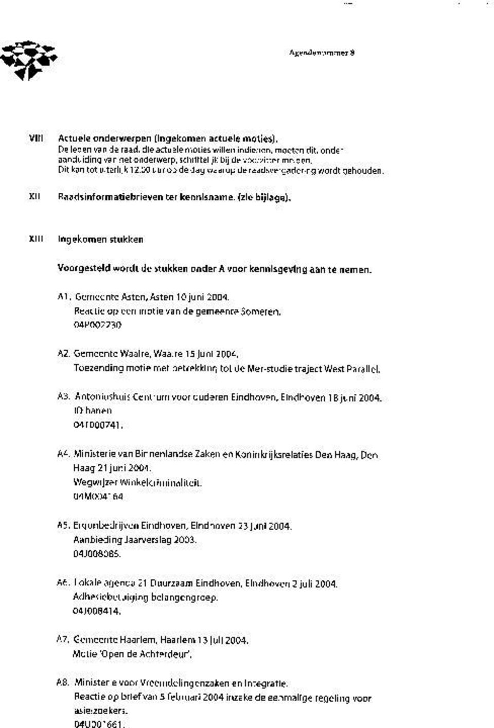 XIII Ingekomen stukken Voorgesteld wordt de stukken onder A voor kennisgeving aan te nemen. A1. Gemeente Asten, Asten 10 juni 2004. Reactie op een motie van de gemeente Someren. 04P002230.
