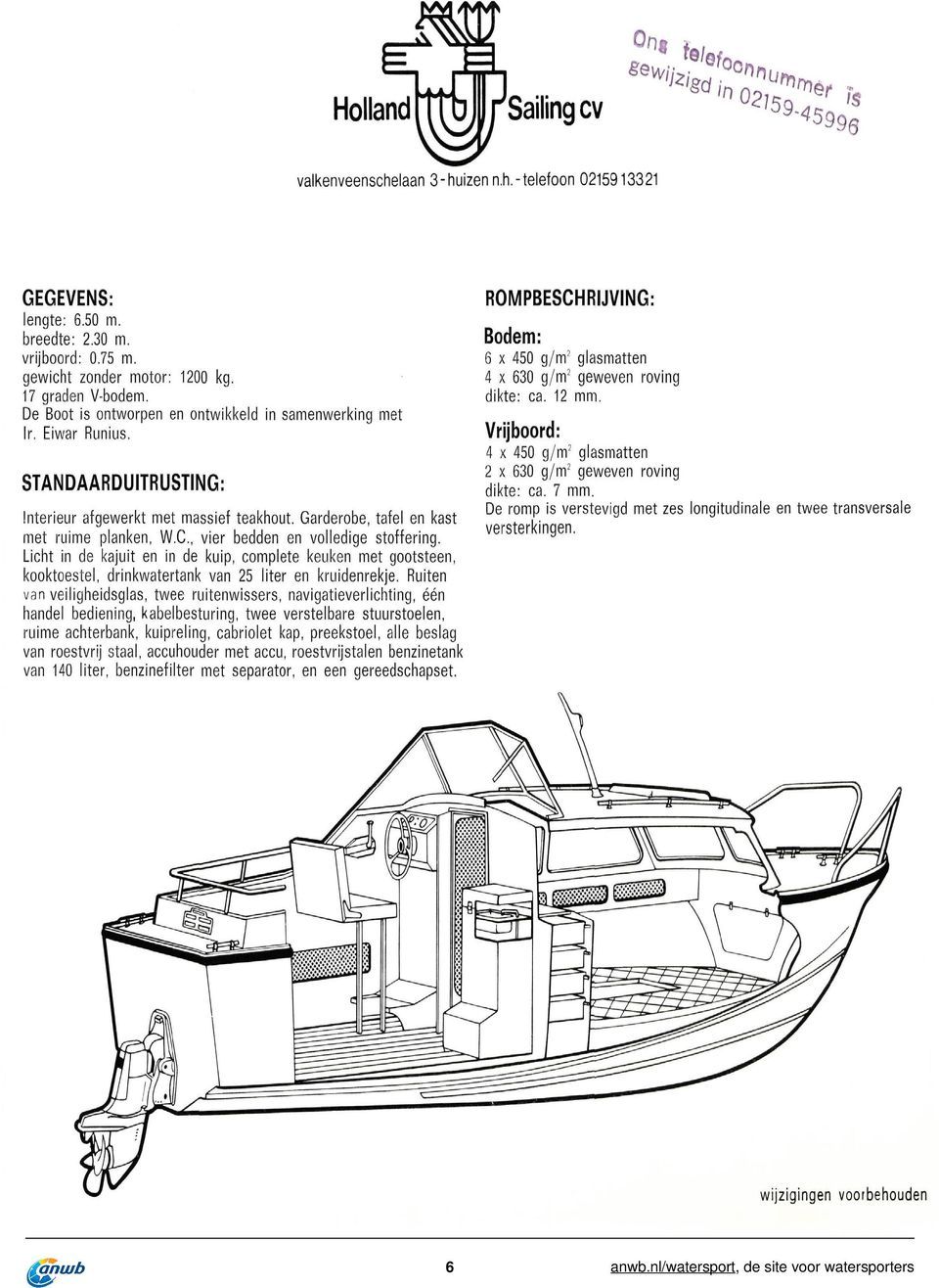 12 mm. Vrijboord: STANDAARDUITRUSTING: Interieur afgewerkt met massief teakhout. Garderobe, tafel en kast met ruime planken, W.C., vier bedden en volledige stoffering.