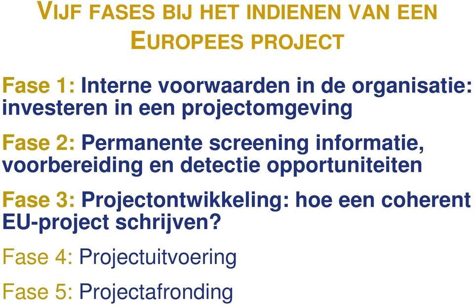 informatie, voorbereiding en detectie opportuniteiten Fase 3: Projectontwikkeling: